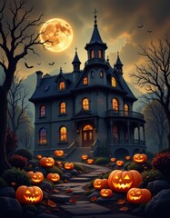 Spooky Halloween Haunted Mansion with Pumpkins, Jack-o'-lanterns, and a gloomy Halloween background.