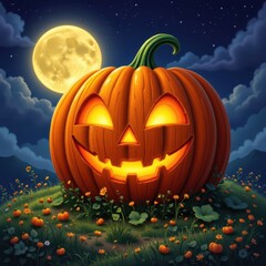giant halloween pumpkin with glowing eyes, smiling in moonlit field at night.