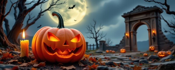 halloween pumpkin with burning candle next to ancient gate ruin on the right side, with clear copy space on the left.