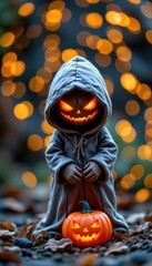 A mysterious hooded figure with glowing red eyes carries an evil jack-o-lantern, surrounded by warm bokeh lights and autumn leaves, evoking the spooky yet festive spirit of Halloween.