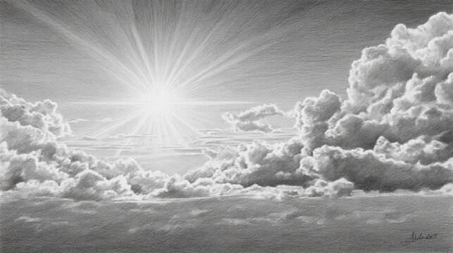 Dramatic pencil drawing of a sunburst through cumulus clouds over a landscape