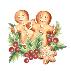 Christmas gingerbread cheerful mans with holly watercolor illustration for food or menu design. Childrens sweet treat. Hand drawn isolated traditional cookie for cozy winter holiday postcard, sticker.