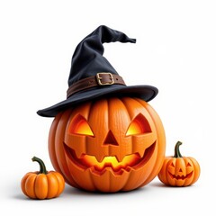 halloween pumpkin with witch hat isolated on white background.