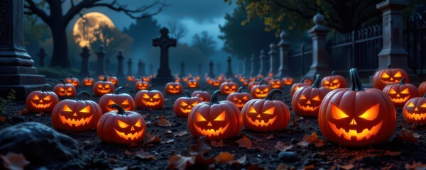 spooky halloween pumpkins with glowing eyes in a graveyard at night.