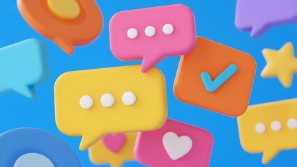 Colorful speech bubbles and icons floating on a blue background, representing communication and interaction.