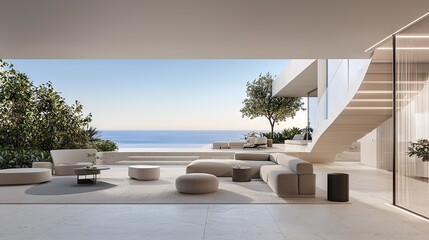 Coastal modern home exterior living area with ocean views.