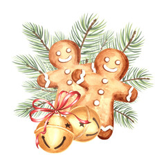 Christmas gingerbread mans with round jingle bells and spruce branch watercolor illustration for food design. Childrens sweet treat. Hand drawn isolated traditional cookie for winter holiday postcard.