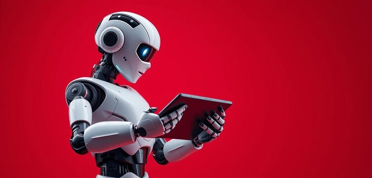 AI robot holding tablet, isolated on red background, artificial intelligence, future
