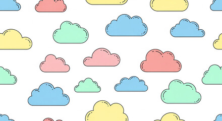 Whimsical sky concept featuring a seamless pattern of colorful pastel doodle clouds on a white background