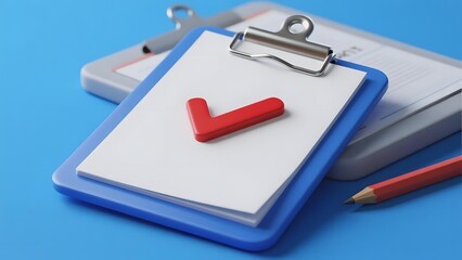 Clipboard with red checkmark and pencil on blue background