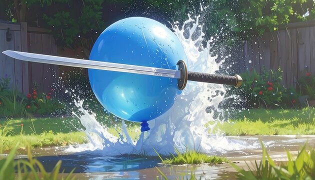 A blue balloon pierced by a katana in a splash