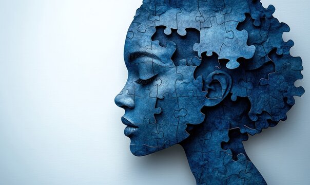 A profile view of a person's head, crafted from intricate puzzle pieces, creating a textured and thoughtful artistic design. A deep blue hue enhances the complexity