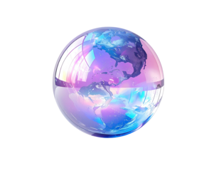 A sphere, resembling Earth, enclosed in a transparent, iridescent bubble