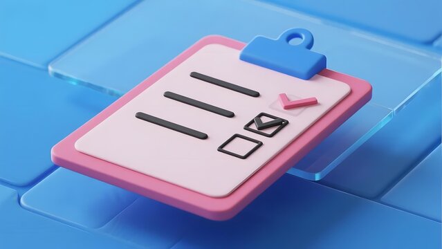 3D illustration of a pink clipboard with checklist and checkmark on a blue tiled background