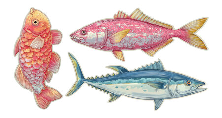 Fototapeta premium Colorful Illustrations of Three Distinct Fish Species on Transparent Background