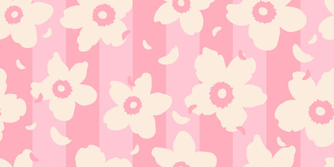 Trendy white floral seamless pattern with vertical stripes. Modern flowers print design for fabric, textiles, clothing, packaging, cover, banner, home decor and backgrounds. Vector illustrations.