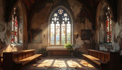 Fototapeta premium A sunlit interior of a dilapidated gothic chapel, showcasing stained glass windows and aged wooden pews.