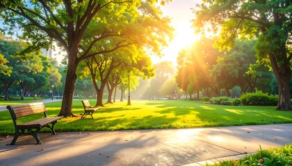 Obraz premium Serene park scene at sunrise with lush trees