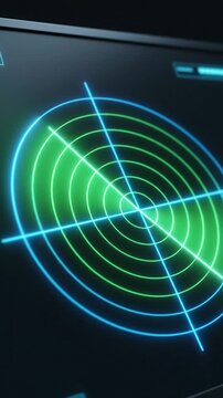 Smooth looping animation of a digital radar screen with rotating crosshairs and concentric green and blue circles