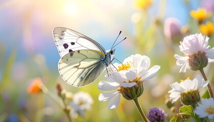 Fototapeta premium A delicate white butterfly rests gracefully on a cluster of vibrant white flowers, bathed in warm sunlight, showcasing a serene and cheerful springtime scene.