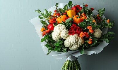 Colorful vegetable bouquet on light gray background