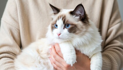 Gentle cat cuddling indoor home setting pet photography cozy environment close-up view feline companionship
