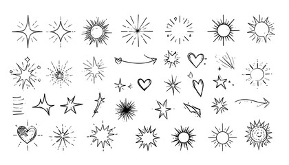 A collection of playful, hand-drawn graphic elements featuring stars, suns, hearts, and arrows, perfect for adding a touch of whimsy to designs.