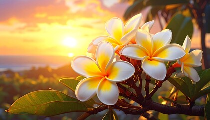 Sunset Plumeria Blooms in Tropical Paradise
