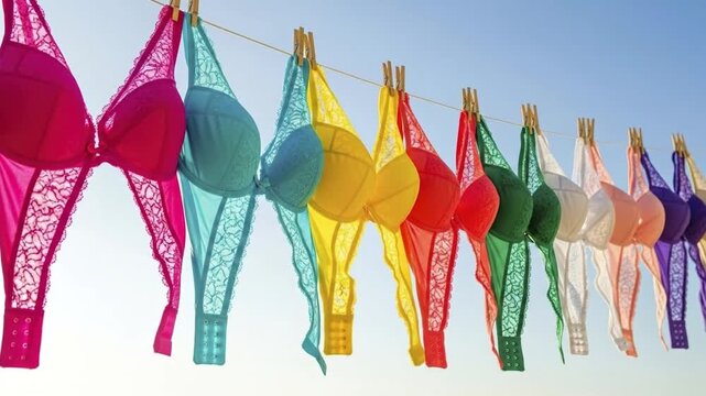 A vibrant collection of colorful lace bras hangs on a clothesline, drying in the bright sunshine against a clear blue sky. The rainbow of lingerie creates a cheerful display, symbolizing femininity, c