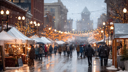 Obraz premium Festive christmas market in a snowy downtown winter wonderland event photography urban night scene