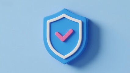 Blue shield icon with pink checkmark on light blue background