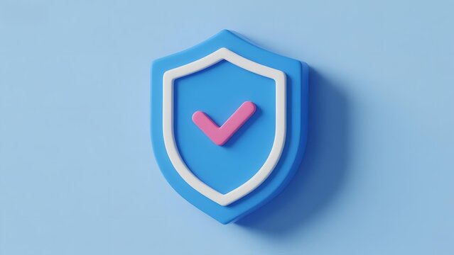 Blue shield icon with pink checkmark on light blue background