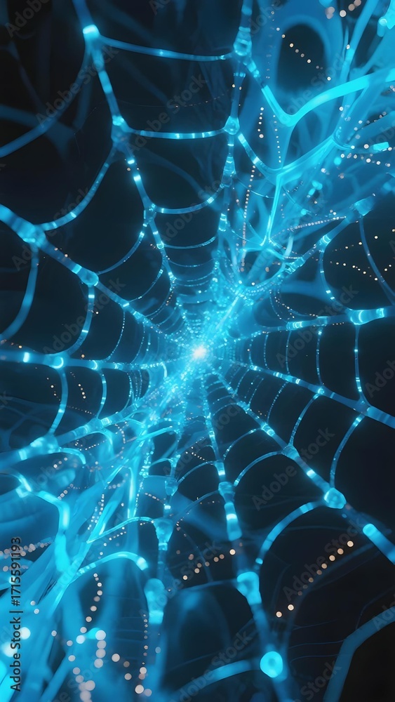 Wall mural glowing blue spider web with intricate patterns and luminous nodes against a dark background