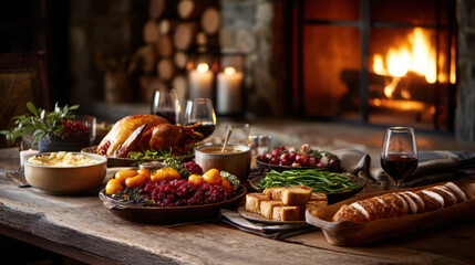 Fototapeta premium Festive christmas dinner celebration snowy cabin culinary feast cozy atmosphere warm hearth family gathering