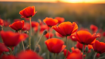 Obraz premium Radiant Poppies in Sunset's Embrace: A breathtaking view of a field of vibrant red poppies gently swaying in the breeze, bathed in the golden glow of a sunset.