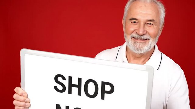 Smiling senior man invites viewers to shop now with a clear call to action on a whiteboard