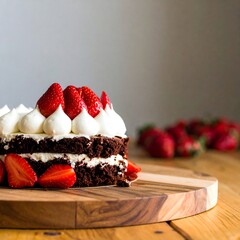 Two-tiered chocolate cake, layered with whipped cream and topped with fresh strawberries, on a wooden board