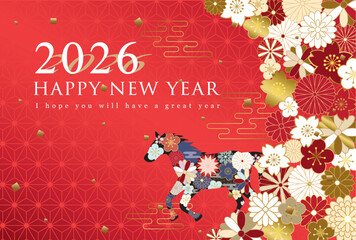 2026年午年　和風花柄の馬の年賀状テンプレート