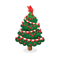 Isometric christmas tree with red star baubles and striped garland isolated on white background. Festive decoration. Concept of winter holiday celebration greeting card and seasonal design.