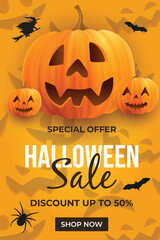 happy halloween with hanging realistic pumpkins. Horizontal Sale banner background