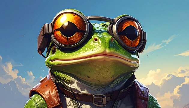 A cheerful frog in aviator goggles, set against a backdrop of a lighthearted sky, radiates a positive and playful mood.