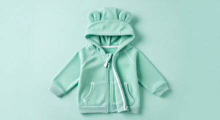 Light green baby hoodie with bear ears, zipped up, on a light green background