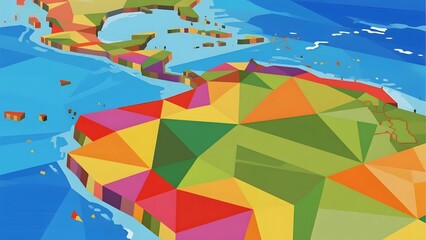 Colorful geometric map representation of a coastal region with polygonal landforms and surrounding water
