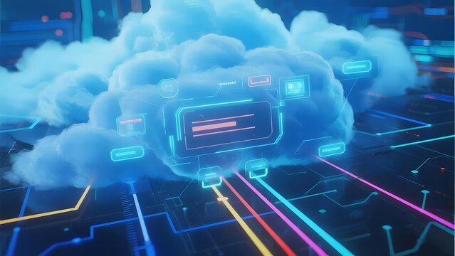 Digital cloud with glowing data connections and circuitry in a futuristic tech environment