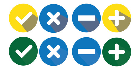 Obraz premium Set of flat square check mark, X mark, plus sign and minus sign icons, buttons isolated on a white background.