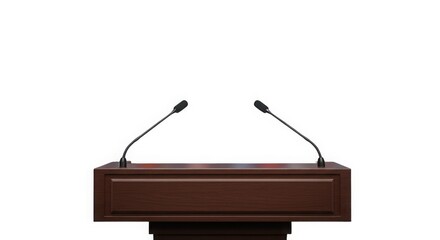 An Empty Wooden Speaker's Podium with Microphones, Isolated on White