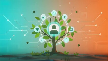 Digital tree with interconnected social media icons and user profile, symbolizing networked communication and technology integration.