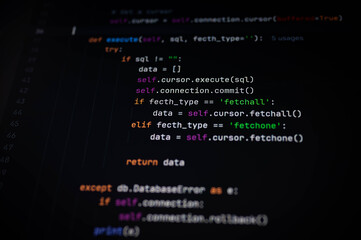 Close-up of Python code performing SQL execution and data fetching with error handling using try-except. Ideal for backend development, secure coding practices, and software tutorials.