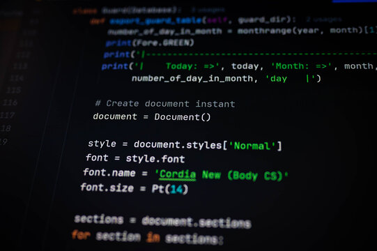 Close-up of Python code for generating and formatting Word documents with custom fonts and styles using automation. Ideal for tech tutorials, document processing, and programming education.