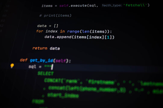 Close-up of Python function using a loop to transform fetched SQL data and define get_by_id logic. Perfect for backend programming, data processing, SQL tutorials, and IT education materials.